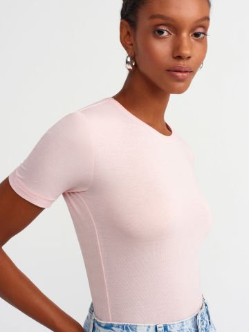 Dilvin 30747 Bisiklet Yaka Basic T-shirt-Pudra