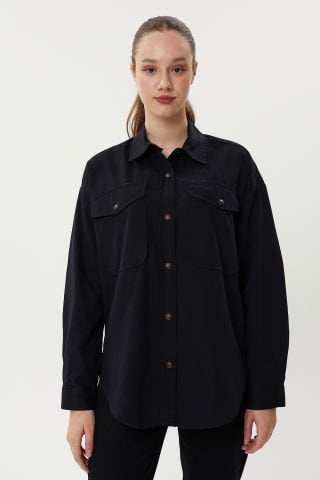 BG 824 Çift Cepli Çıtçıtlı İnce Fitilli Oversize Kadın Kadife Gömlek Siyah