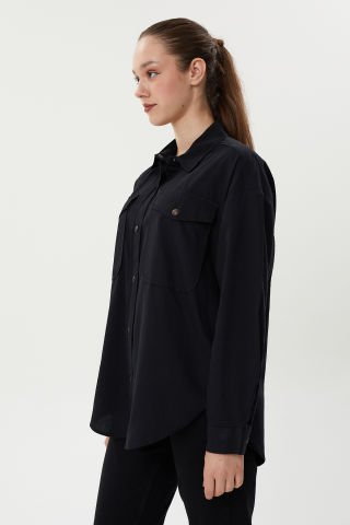BG 824 Çift Cepli Çıtçıtlı İnce Fitilli Oversize Kadın Kadife Gömlek Siyah