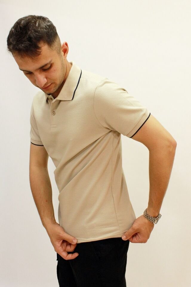 CAZ 4152 PETEK DOKULU ERKEK POLO YAKA T-SHIRT BEJ