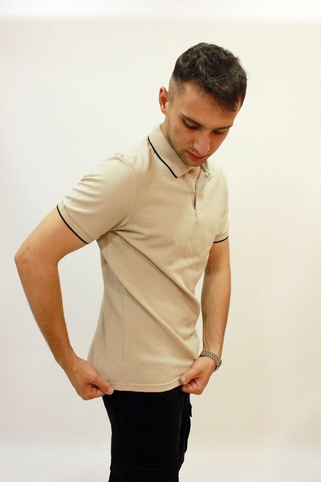CAZ 4152 PETEK DOKULU ERKEK POLO YAKA T-SHIRT BEJ