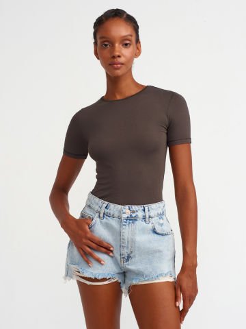 Dilvin 30747 Bisiklet Yaka Basic T-shirt-Koyu Kahve