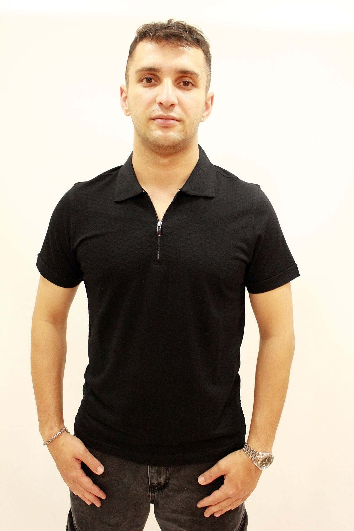 ETS 2265 Dokulu Kumaş Fermuarlı Polo Yaka Erkek T-Shirt Siyah