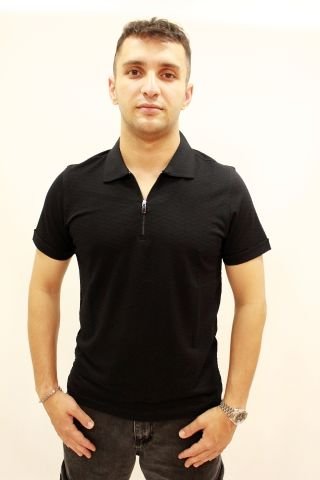 ETS 2265 Dokulu Kumaş Fermuarlı Polo Yaka Erkek T-Shirt Siyah