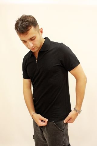 ETS 2265 Dokulu Kumaş Fermuarlı Polo Yaka Erkek T-Shirt Siyah