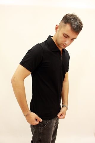 ETS 2265 Dokulu Kumaş Fermuarlı Polo Yaka Erkek T-Shirt Siyah