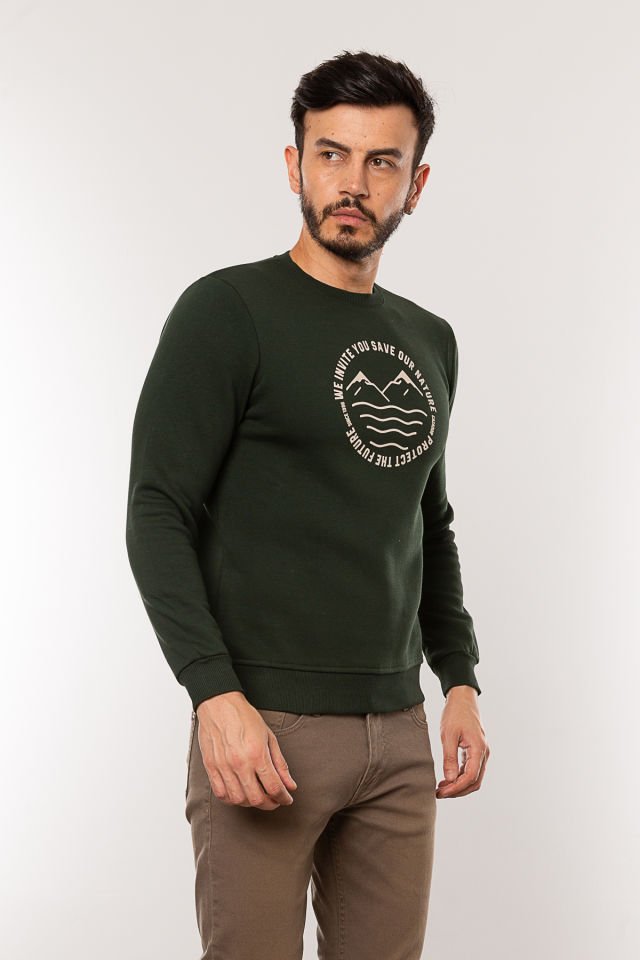 Caz 5225 Baskılı Bisiklet Yaka Erkek 3 İplik Kalın Sweat Hunter Yeşil