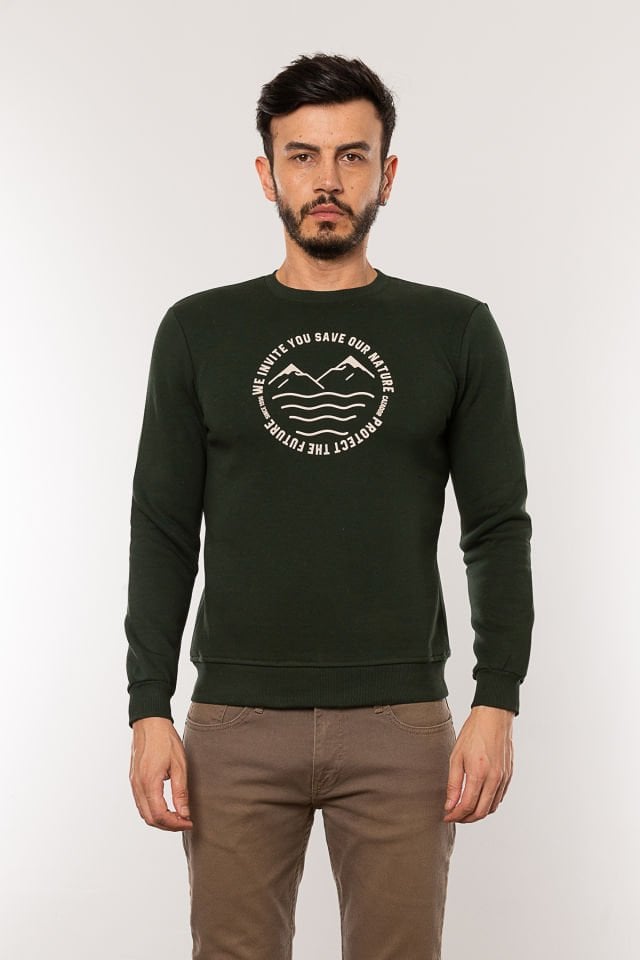 Caz 5225 Baskılı Bisiklet Yaka Erkek 3 İplik Kalın Sweat Hunter Yeşil