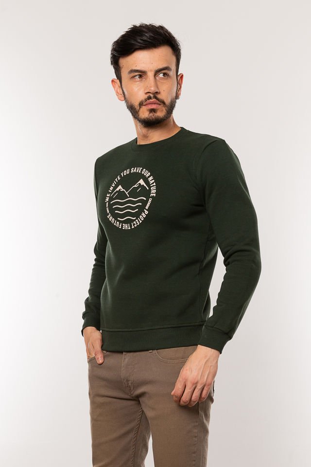 Caz 5225 Baskılı Bisiklet Yaka Erkek 3 İplik Kalın Sweat Hunter Yeşil