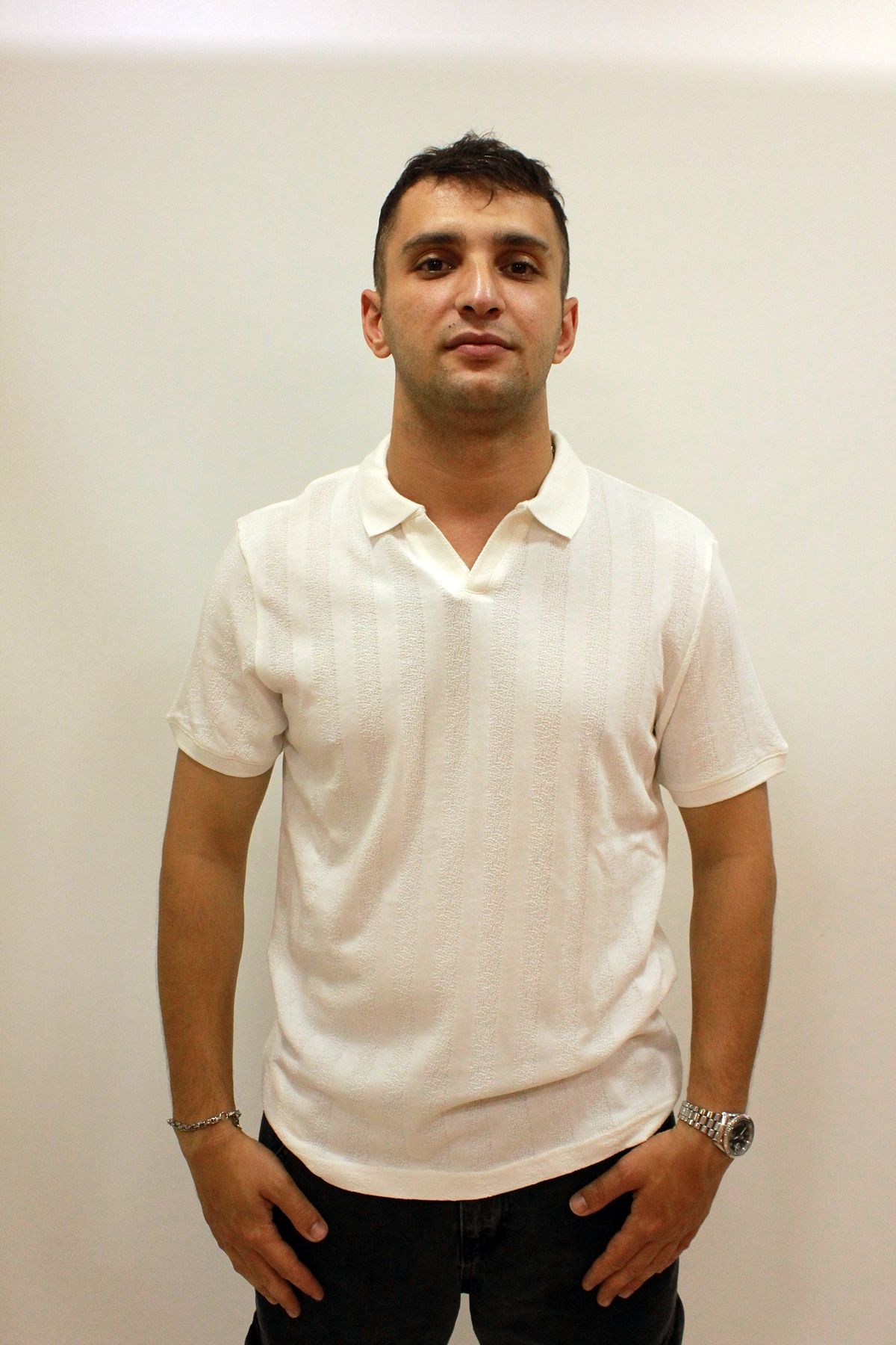 CAZ 4157 Kendinden Dokulu Polo Yaka Düğmesiz Erkek T-shirt Beyaz