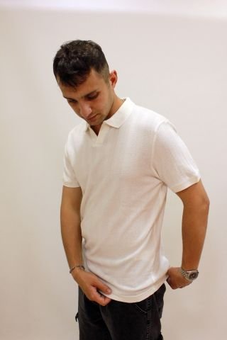 CAZ 4157 Kendinden Dokulu Polo Yaka Düğmesiz Erkek T-shirt Beyaz