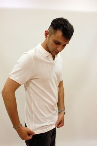 CAZ 4157 Kendinden Dokulu Polo Yaka Düğmesiz Erkek T-shirt Beyaz
