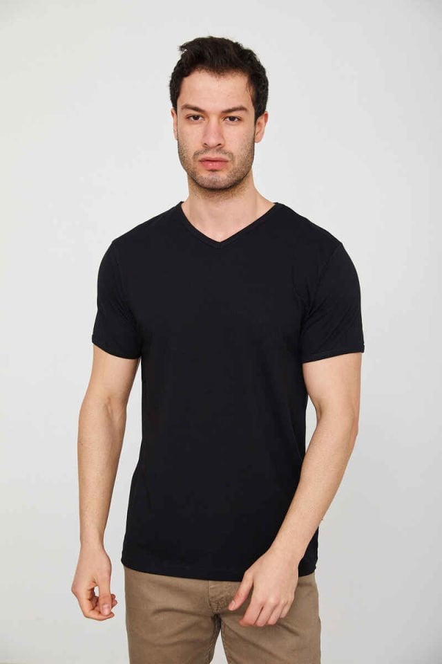 Cazador 4619 STN. V YAKA ERKEK DÜZ RENK LİKRALI T-SHIRT