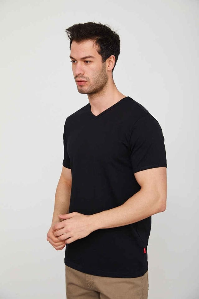 Cazador 4619 STN. V YAKA ERKEK DÜZ RENK LİKRALI T-SHIRT