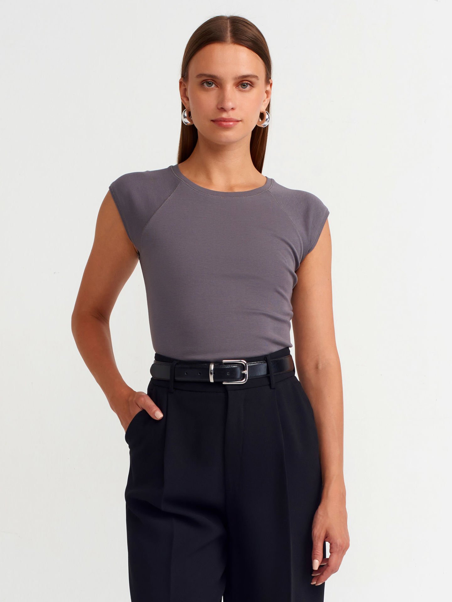 Dilvin 30811 Bisiklet Yaka T-shirt-Füme