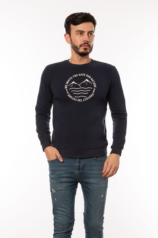 Caz 5225 Baskılı Bisiklet Yaka Erkek 3 İplik Kalın Sweat Lacivert