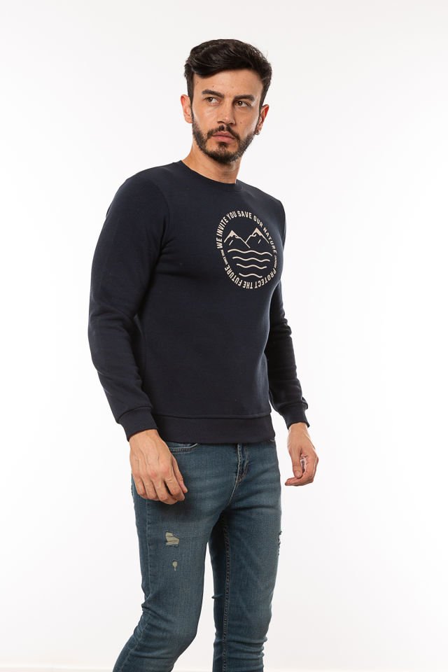 Caz 5225 Baskılı Bisiklet Yaka Erkek 3 İplik Kalın Sweat Lacivert