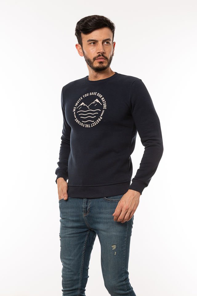 Caz 5225 Baskılı Bisiklet Yaka Erkek 3 İplik Kalın Sweat Lacivert