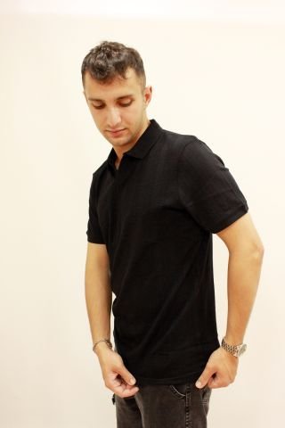 CAZ 4157 Kendinden Dokulu Polo Yaka Düğmesiz Erkek T-shirt Siyah