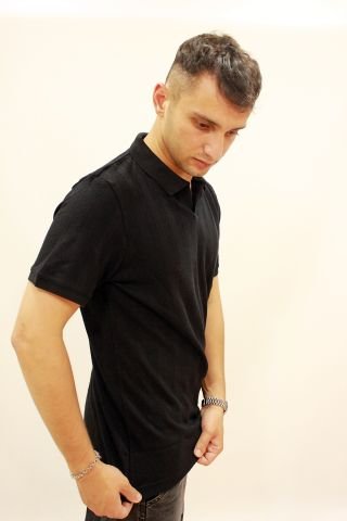 CAZ 4157 Kendinden Dokulu Polo Yaka Düğmesiz Erkek T-shirt Siyah