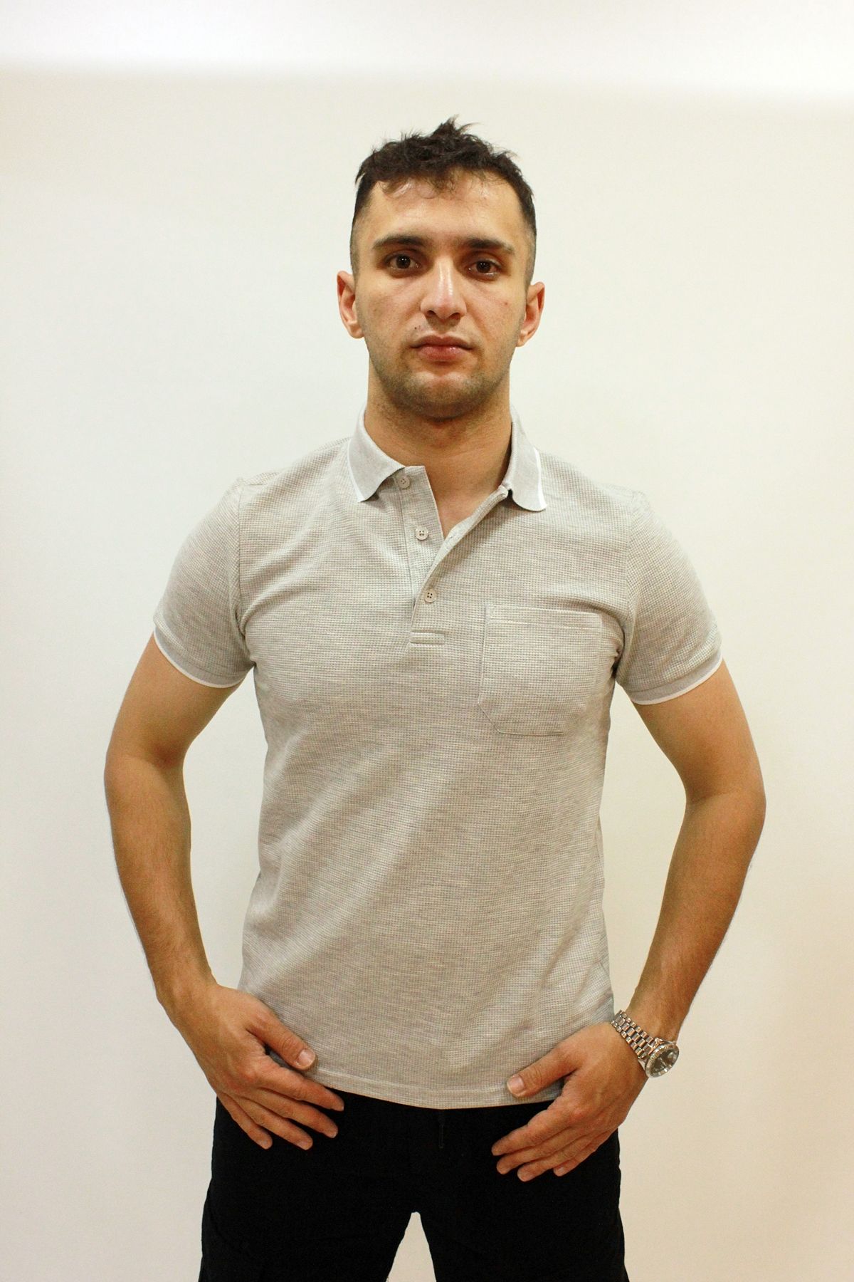 Caz 4147 Polo Yaka Petek Dokulu Cepli Erkek T-shirt Gri