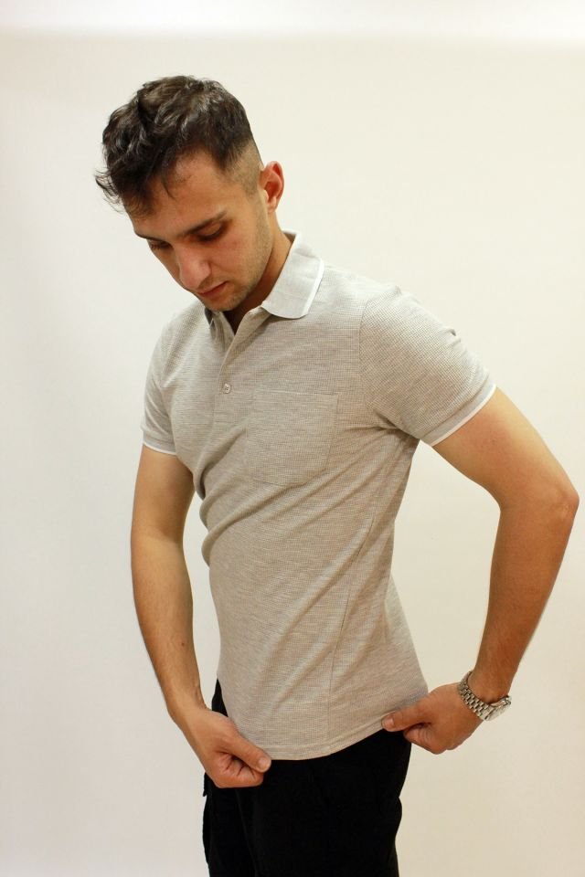 Caz 4147 Polo Yaka Petek Dokulu Cepli Erkek T-shirt Gri