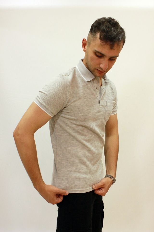 Caz 4147 Polo Yaka Petek Dokulu Cepli Erkek T-shirt Gri