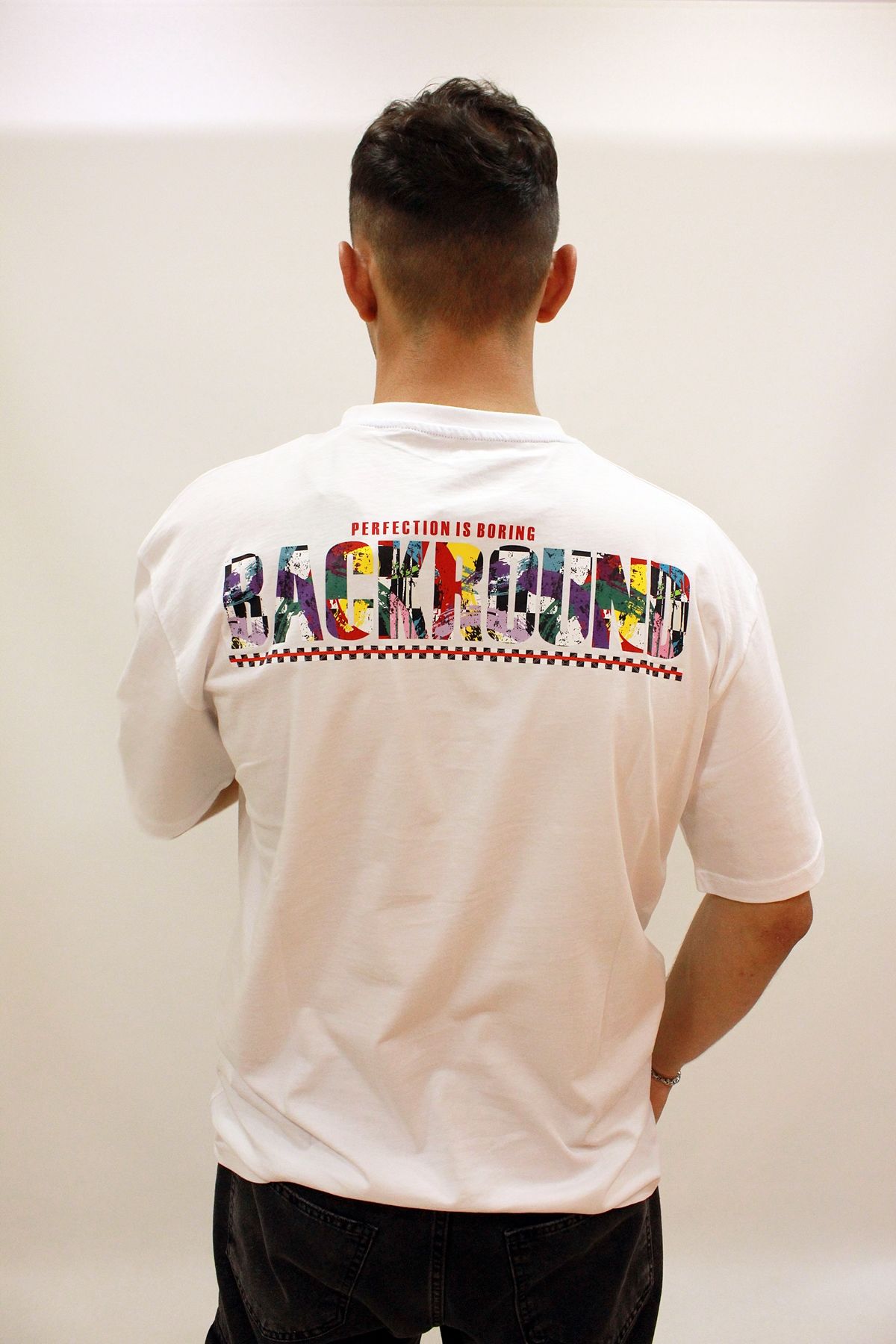 CAZ 4205 Sırt Baskılı Relax Fit Erkek Bisiklet Yaka T-Shirt Beyaz