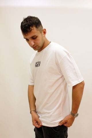 CAZ 4205 Sırt Baskılı Relax Fit Erkek Bisiklet Yaka T-Shirt Beyaz
