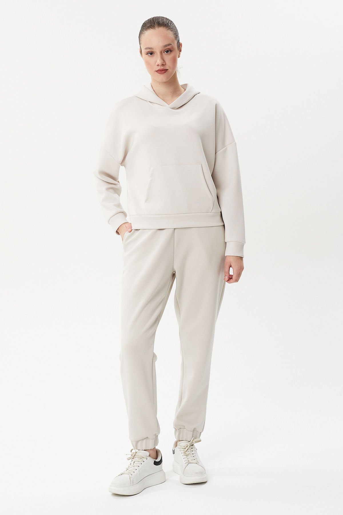 BSW 1006  Kapşonlu Scuba Kumaş Oversize Kadın Sweat Ecru