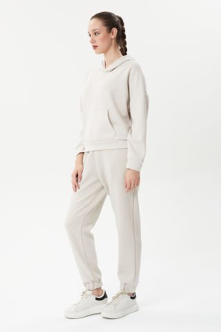 BSW 1006  Kapşonlu Scuba Kumaş Oversize Kadın Sweat Ecru