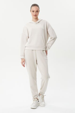 BSW 1006  Kapşonlu Scuba Kumaş Oversize Kadın Sweat Ecru
