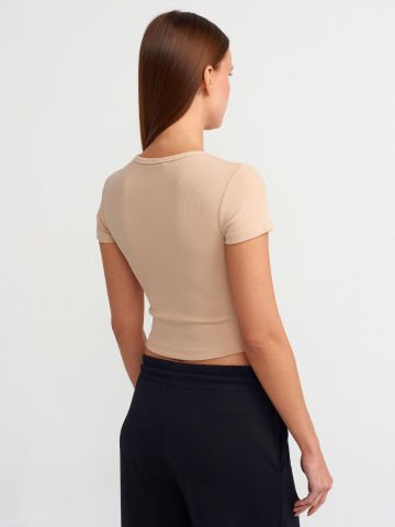 Dilvin 30938 Düğme Detaylı Crop Top-Açık Bej