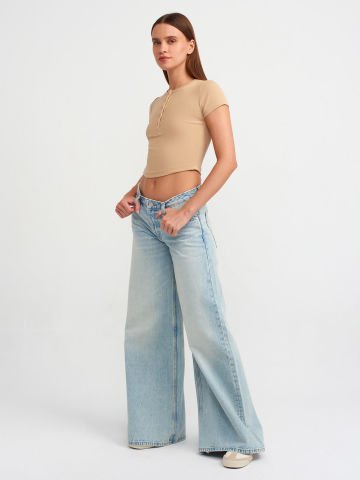 Dilvin 30938 Düğme Detaylı Crop Top-Bej