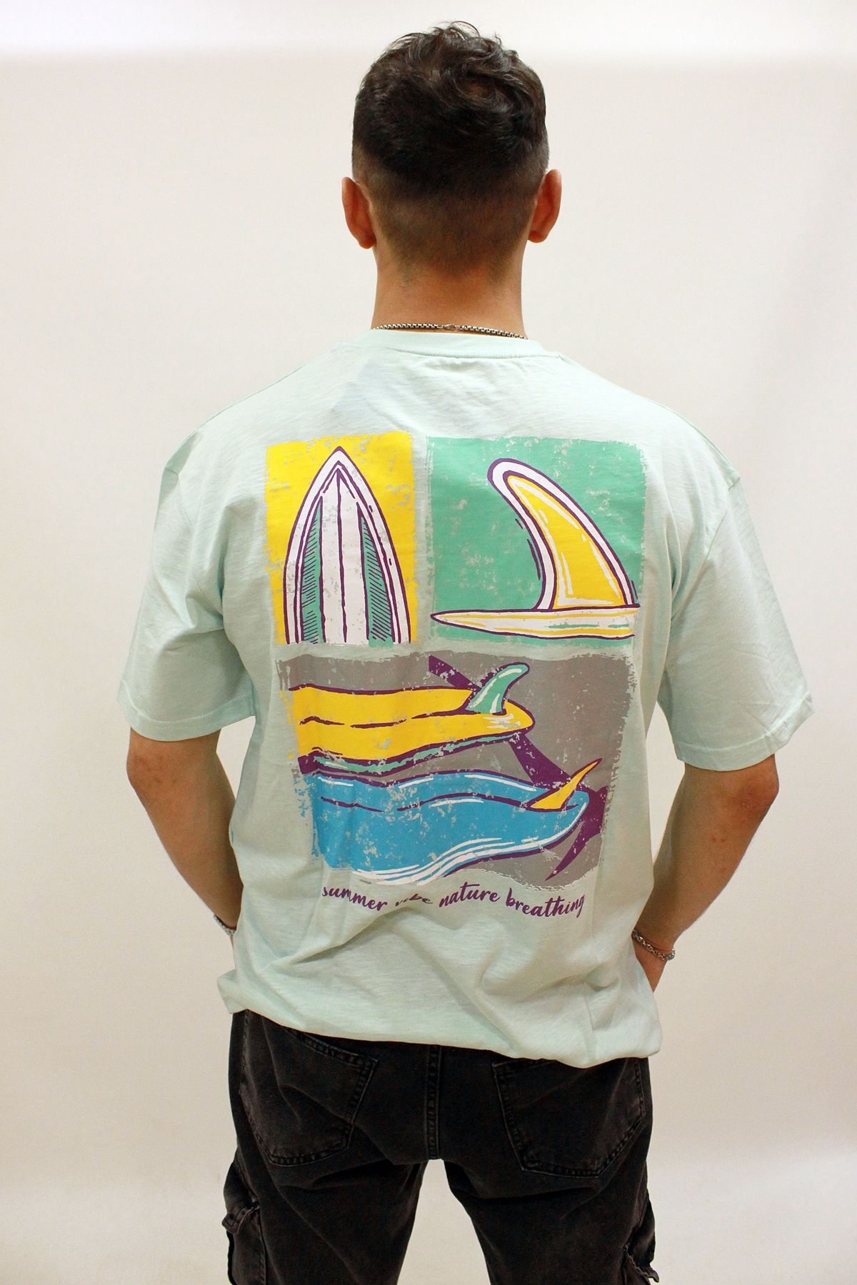 Caz 4263 Relax Fit Sırt Baskılı Erkek T-Shirt Su Yeşili