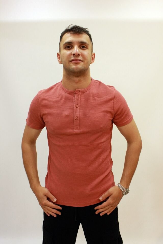 Caz 4002 Yaka Düğmeli Dokulu Erkek T-shirt Gül Kurusu