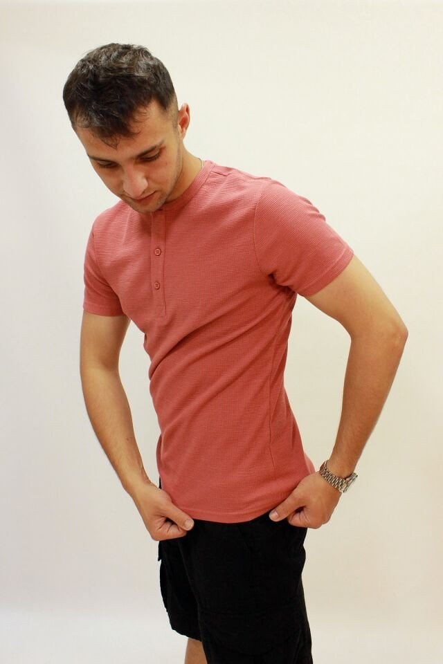 Caz 4002 Yaka Düğmeli Dokulu Erkek T-shirt Gül Kurusu