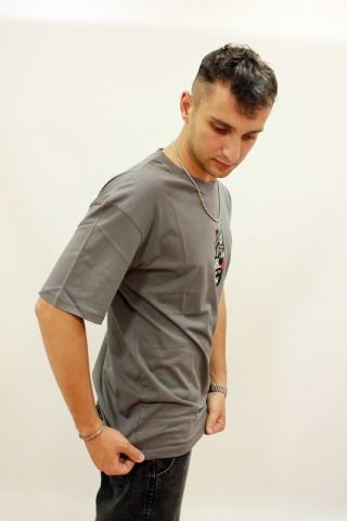 Cazador 4186 Sırt Baskılı Relax Fit Bisiklet Yaka Erkek T-Shirt K.Gri