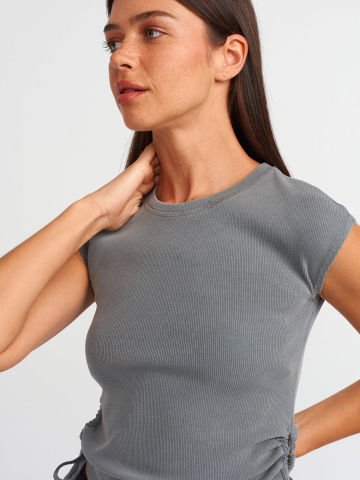 Dilvin 31018 Pencere Detaylı Fitilli Bluz-Gri