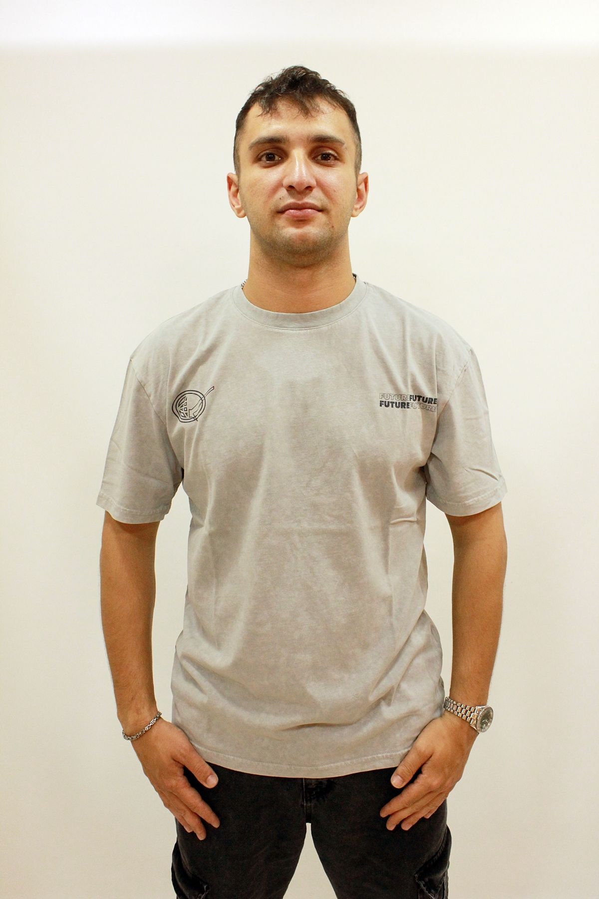 Caz 4053 Sırt Baskılı Relax Fit Bisiklet Yaka Erkek T-shirt Gri