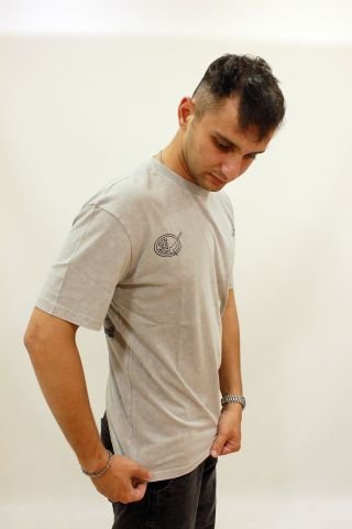 Caz 4053 Sırt Baskılı Relax Fit Bisiklet Yaka Erkek T-shirt Gri