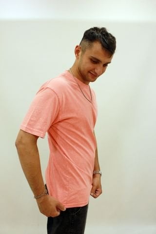 Caz 4084 Oversize Sırt Baskılı Yıkamalı Bisiklet Yaka Erkek T-shirt Pembe