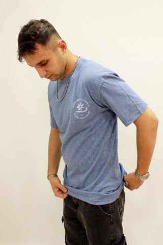 Caz 4084 Oversize Sırt Baskılı Yıkamalı Bisiklet Yaka Erkek T-shirt İndigo