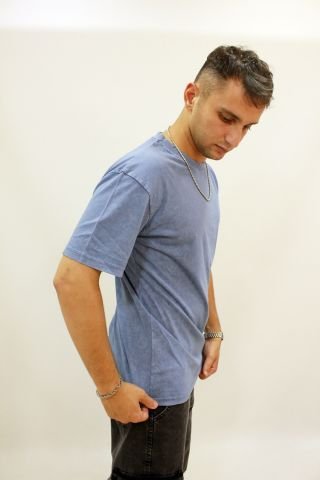 Caz 4084 Oversize Sırt Baskılı Yıkamalı Bisiklet Yaka Erkek T-shirt İndigo