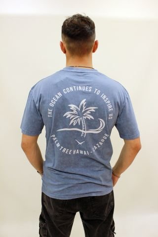 Caz 4084 Oversize Sırt Baskılı Yıkamalı Bisiklet Yaka Erkek T-shirt İndigo