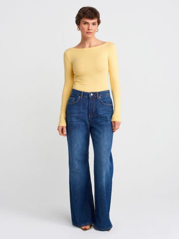 Dilvin 31332 Kayık Yaka Uzun Kollu Top Body-Sarı