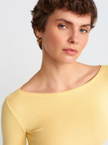 Dilvin 31332 Kayık Yaka Uzun Kollu Top Body-Sarı