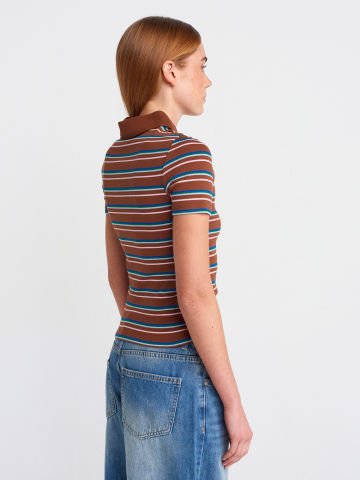 Dilvin 31465 Çizgili Polo Yaka T-shirt-Multi