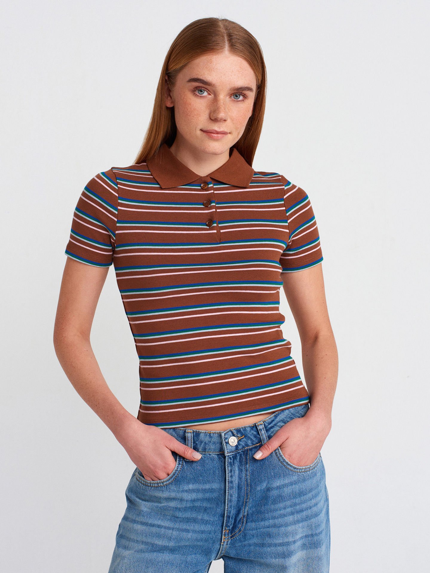 Dilvin 31465 Çizgili Polo Yaka T-shirt-Multi