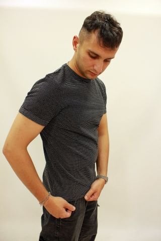 Caz 4257 Micro Desen Kendinden Dokulu Erkek Bisiklet Yaka T-Shirt Siyah